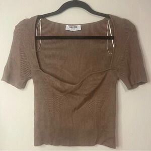 DOUBLE ZERO Cozy Ribbed Beige Short Sleeve Crop Top